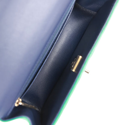 Chanel Mini Rectangular Flap with Top Handle Green and Navy Blue Lambskin Light Gold Hardware