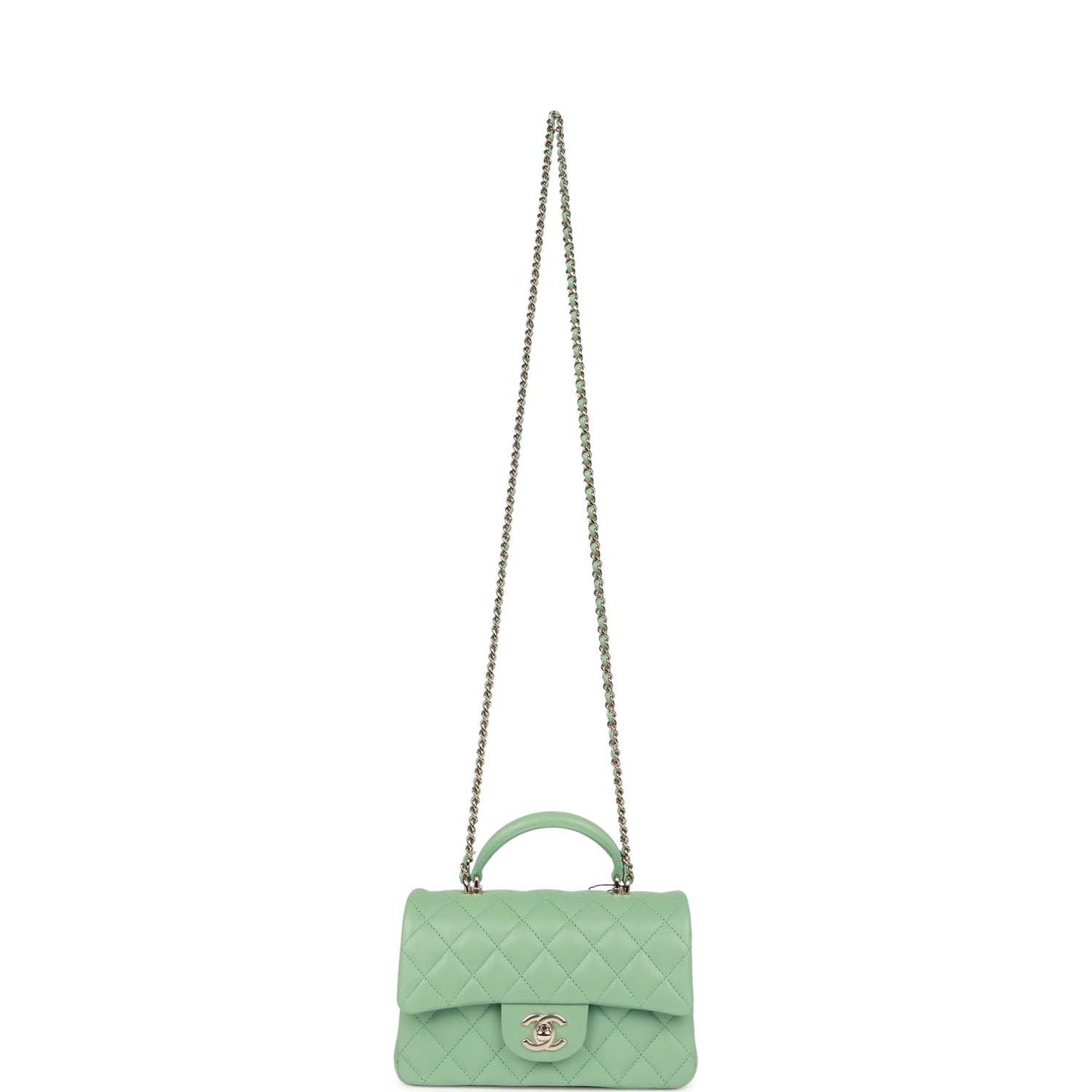 Chanel Mini Rectangular Flap with Top Handle Light Green Lambskin Light Gold Hardware