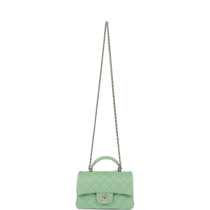 Chanel Mini Rectangular Flap with Top Handle Light Green Lambskin Light Gold Hardware