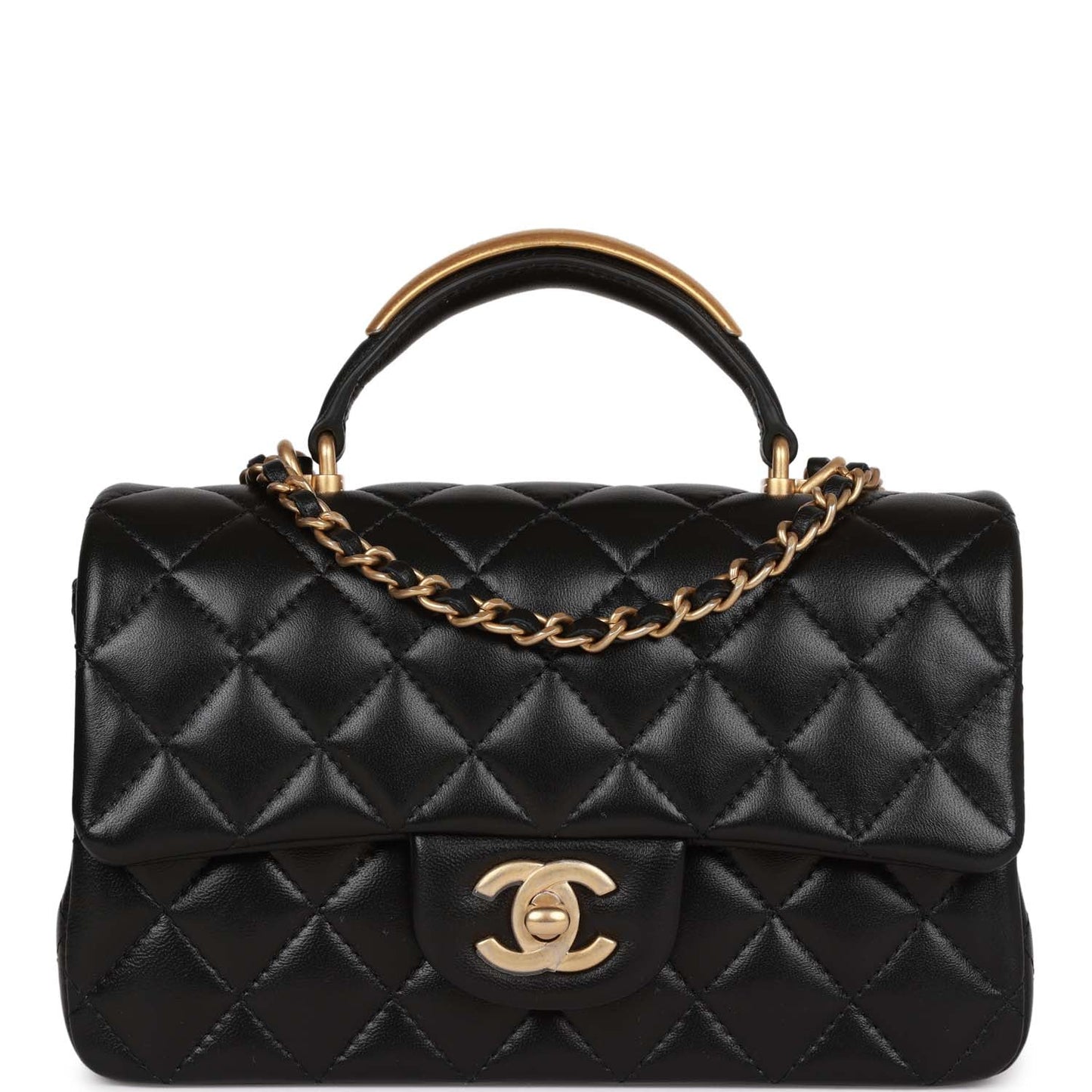 Chanel Mini Rectangular Flap with Top Handle Black Lambskin Antique Gold Hardware