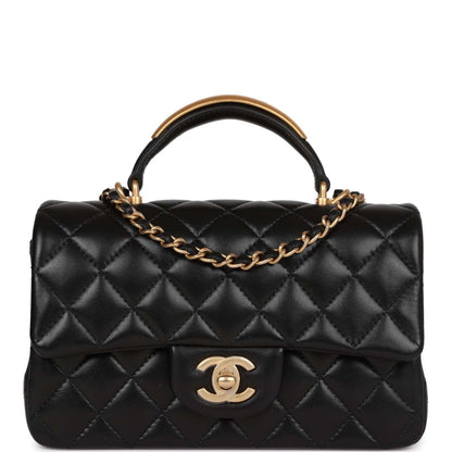 Chanel Mini Rectangular Flap with Top Handle Black Lambskin Antique Gold Hardware