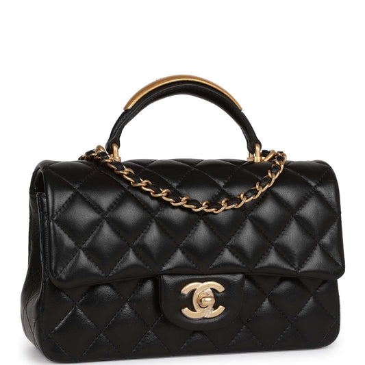 Chanel Mini Rectangular Flap with Top Handle Black Lambskin Antique Gold Hardware