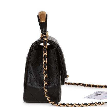 Chanel Mini Rectangular Flap with Top Handle Black Lambskin Antique Gold Hardware
