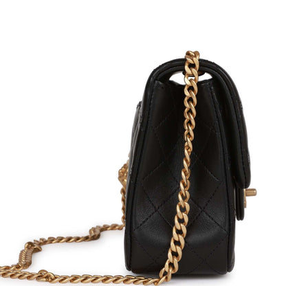 Chanel Medium Camellia Crush Flap Bag Black Lambskin Antique Gold Hardware