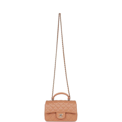 Chanel Mini Rectangular Flap with Top Handle Caramel Lambskin Light Gold Hardware