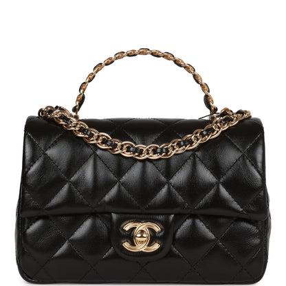Chanel Mini Rectangular Flap with Top Handle Black Lambskin Gold Hardware