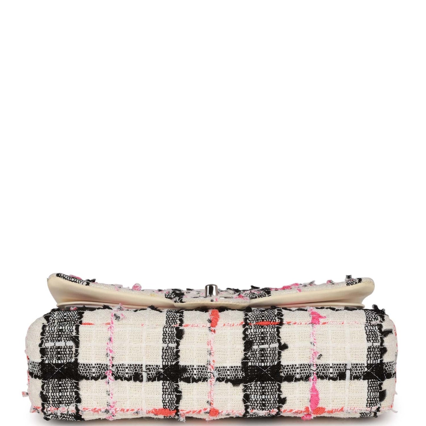 Chanel Medium Classic Double Flap Bag White, Black, and Pink Tweed Silver Hardware