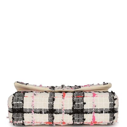 Chanel Medium Classic Double Flap Bag White, Black, and Pink Tweed Silver Hardware