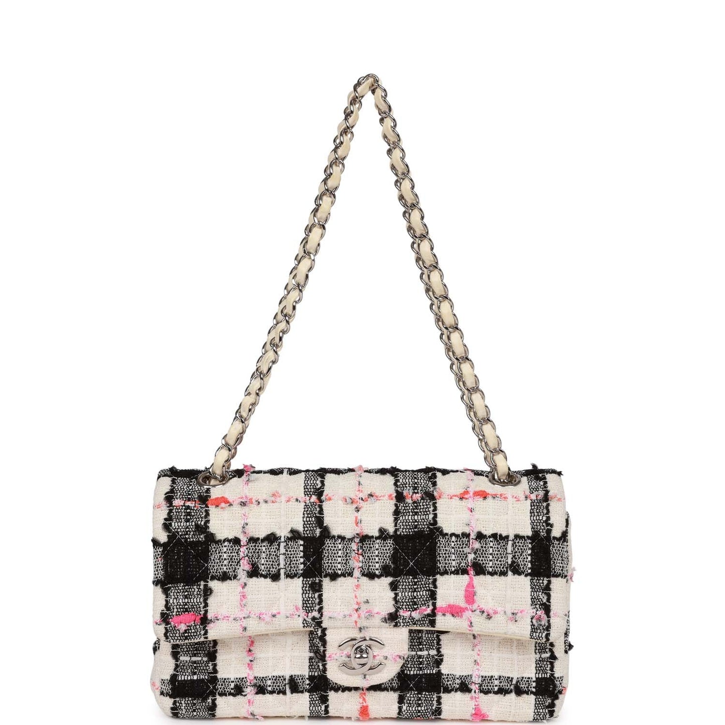 Chanel Medium Classic Double Flap Bag White, Black, and Pink Tweed Silver Hardware