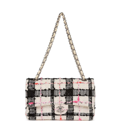 Chanel Medium Classic Double Flap Bag White, Black, and Pink Tweed Silver Hardware