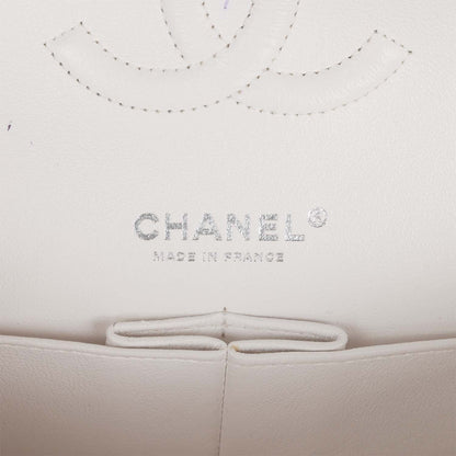 Chanel Medium Classic Double Flap Bag White, Black, and Pink Tweed Silver Hardware