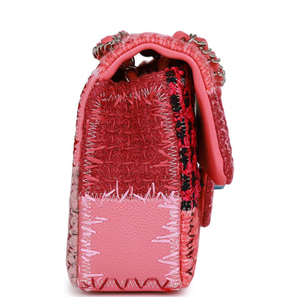 Chanel Medium Flap Bag Pink Patchwork Tweed Silver Hardware