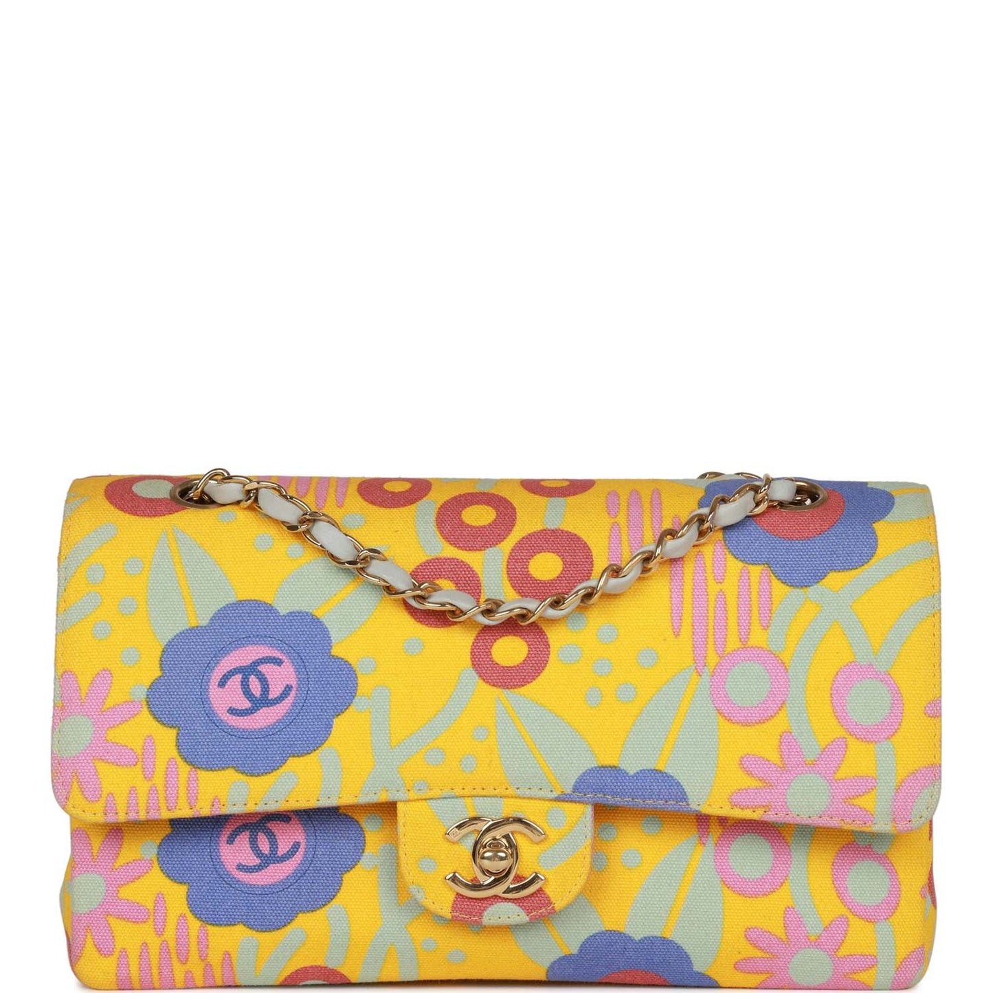 Chanel Vintage Medium Classic Double Flap Bag Yellow and Multicolor Floral Print Canvas Gold Hardware