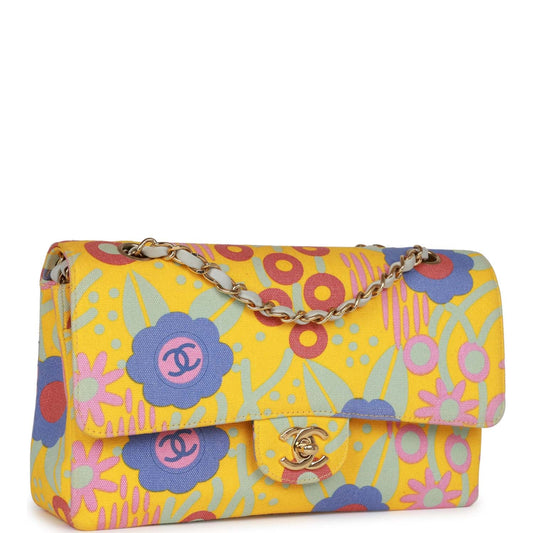 Chanel Vintage Medium Classic Double Flap Bag Yellow and Multicolor Floral Print Canvas Gold Hardware