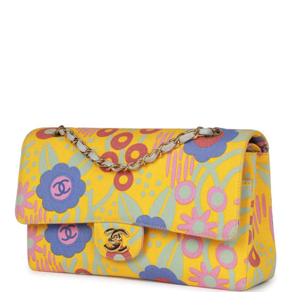 Chanel Vintage Medium Classic Double Flap Bag Yellow and Multicolor Floral Print Canvas Gold Hardware