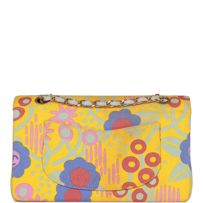 Chanel Vintage Medium Classic Double Flap Bag Yellow and Multicolor Floral Print Canvas Gold Hardware