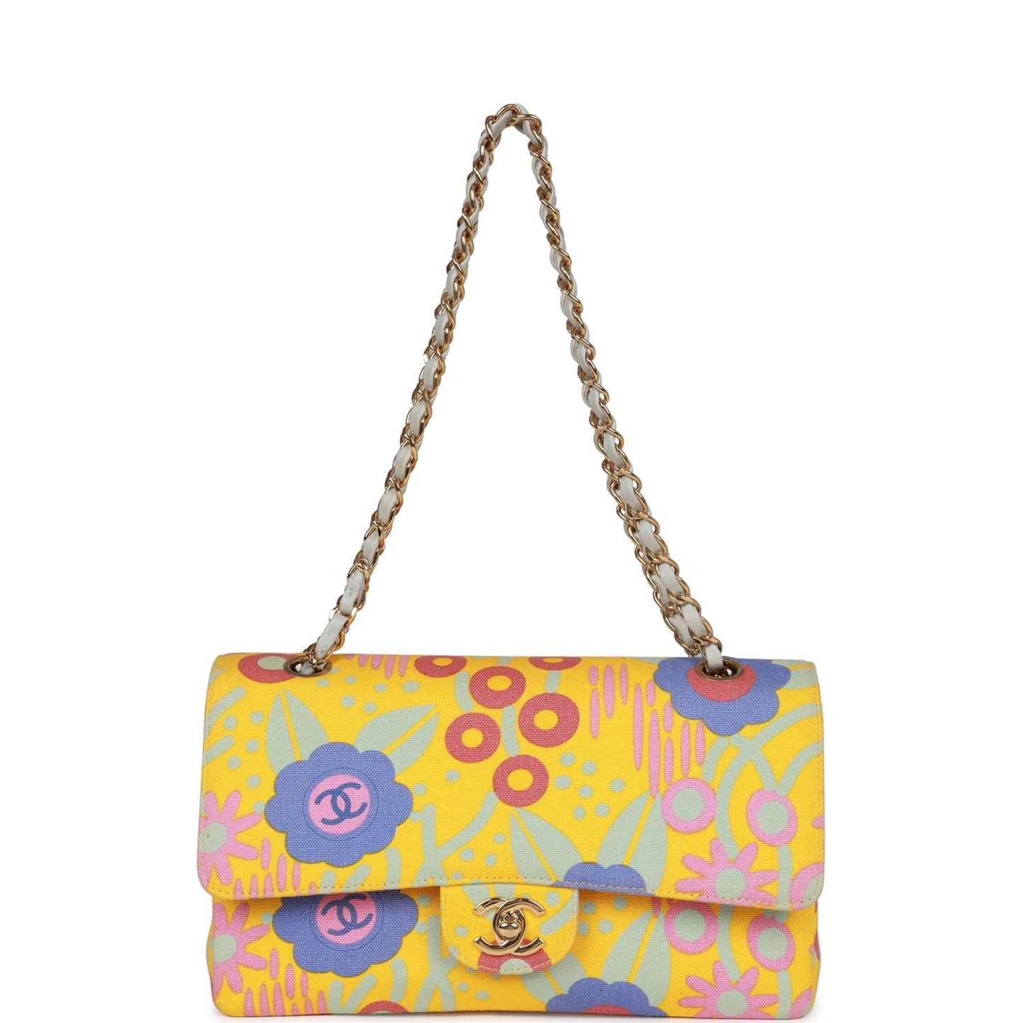 Chanel Vintage Medium Classic Double Flap Bag Yellow and Multicolor Floral Print Canvas Gold Hardware
