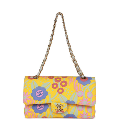 Chanel Vintage Medium Classic Double Flap Bag Yellow and Multicolor Floral Print Canvas Gold Hardware