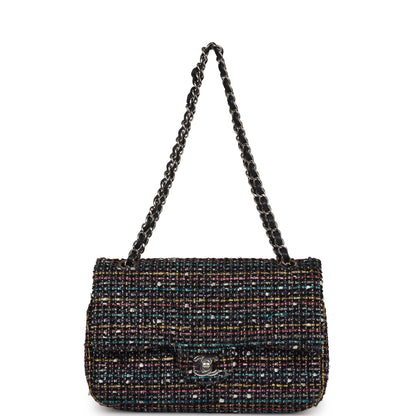 Chanel Medium Classic Double Flap Bag White and Black Tweed Boucle Silver Hardware