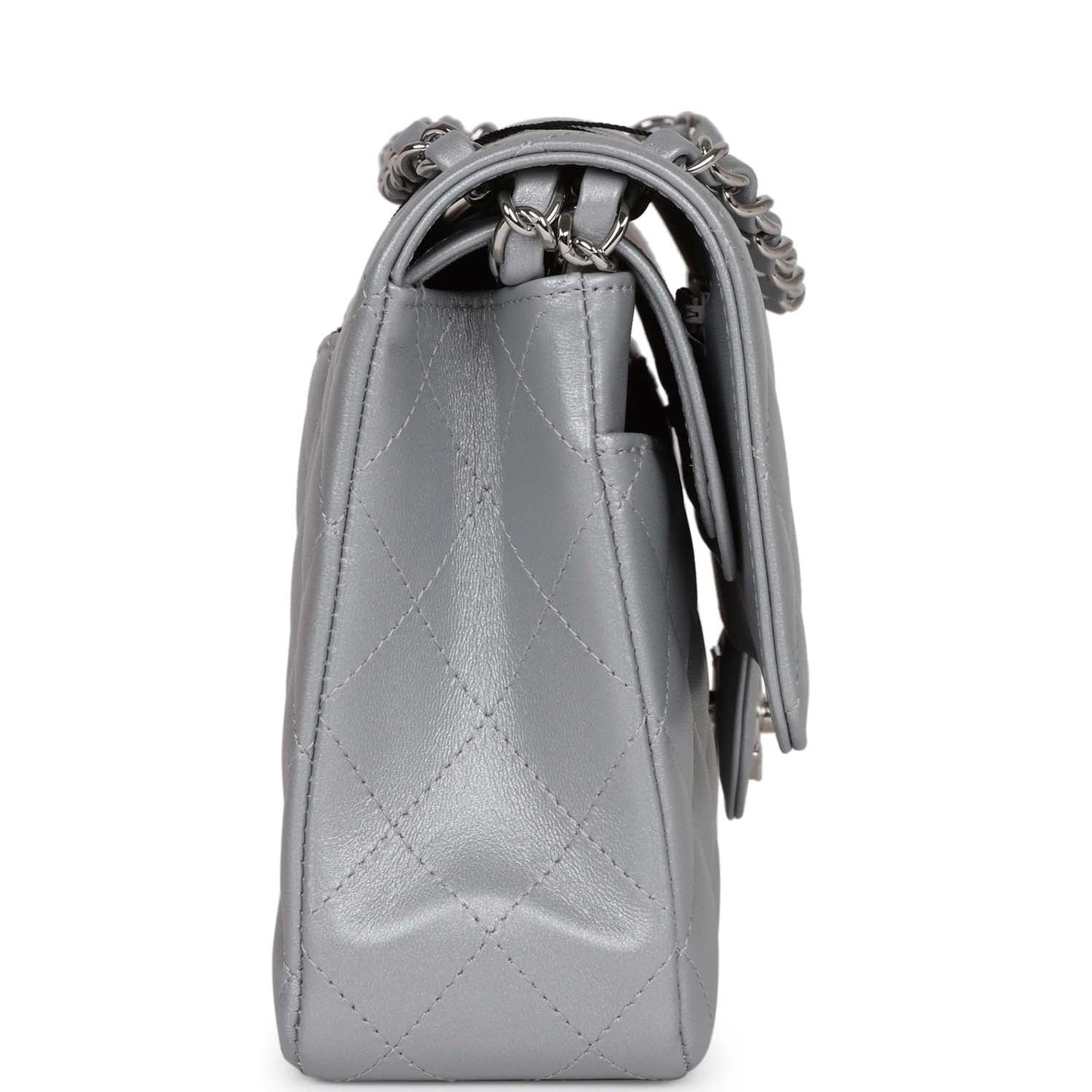 Chanel Medium Classic Double Flap Bag Silver Metallic Lambskin Silver Hardware