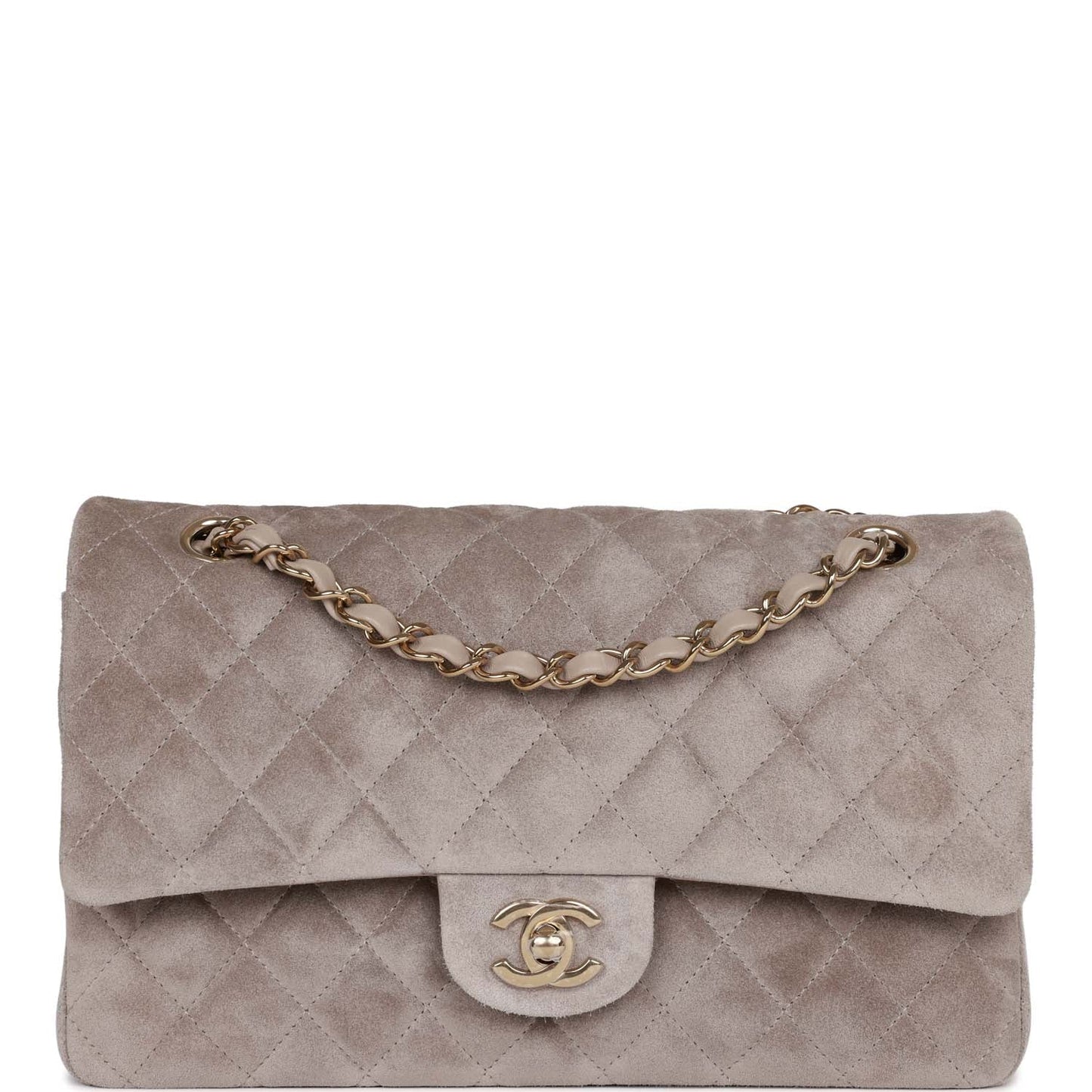 Chanel Medium Classic Double Flap Bag Grey Suede Light Gold Hardware