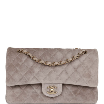 Chanel Medium Classic Double Flap Bag Grey Suede Light Gold Hardware