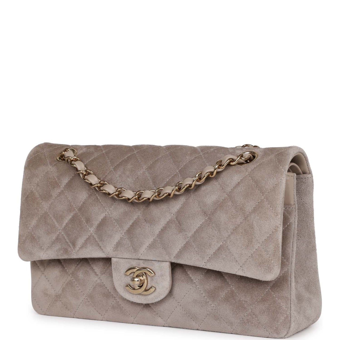 Chanel Medium Classic Double Flap Bag Grey Suede Light Gold Hardware