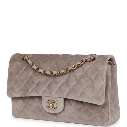 Chanel Medium Classic Double Flap Bag Grey Suede Light Gold Hardware