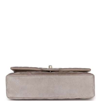 Chanel Medium Classic Double Flap Bag Grey Suede Light Gold Hardware
