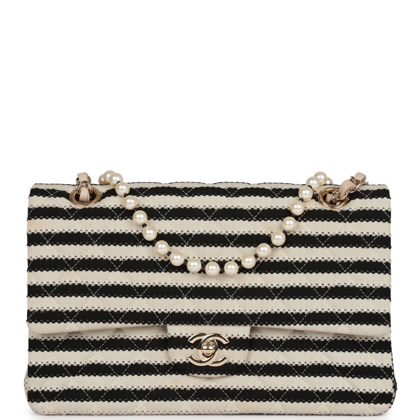 Chanel Medium Classic Double Flap Bag Black and Beige Striped Silk Light Gold Hardware