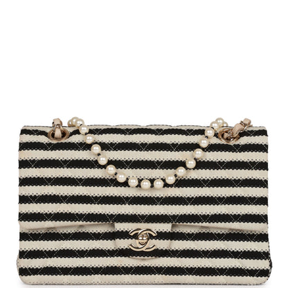 Chanel Medium Classic Double Flap Bag Black and Beige Striped Silk Light Gold Hardware