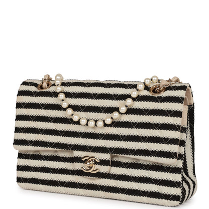 Chanel Medium Classic Double Flap Bag Black and Beige Striped Silk Light Gold Hardware