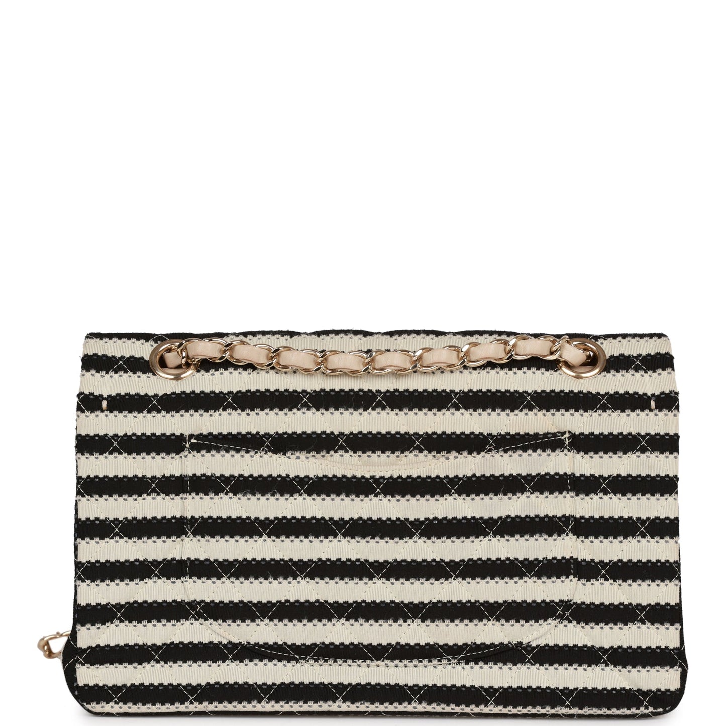 Chanel Medium Classic Double Flap Bag Black and Beige Striped Silk Light Gold Hardware