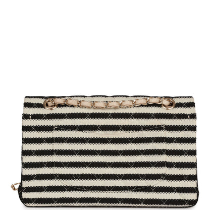 Chanel Medium Classic Double Flap Bag Black and Beige Striped Silk Light Gold Hardware