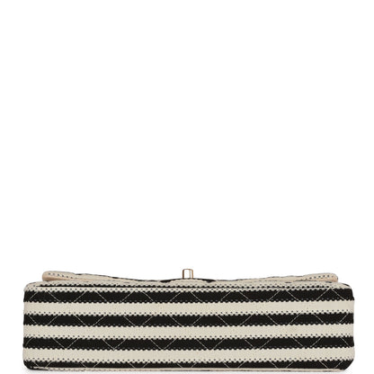 Chanel Medium Classic Double Flap Bag Black and Beige Striped Silk Light Gold Hardware