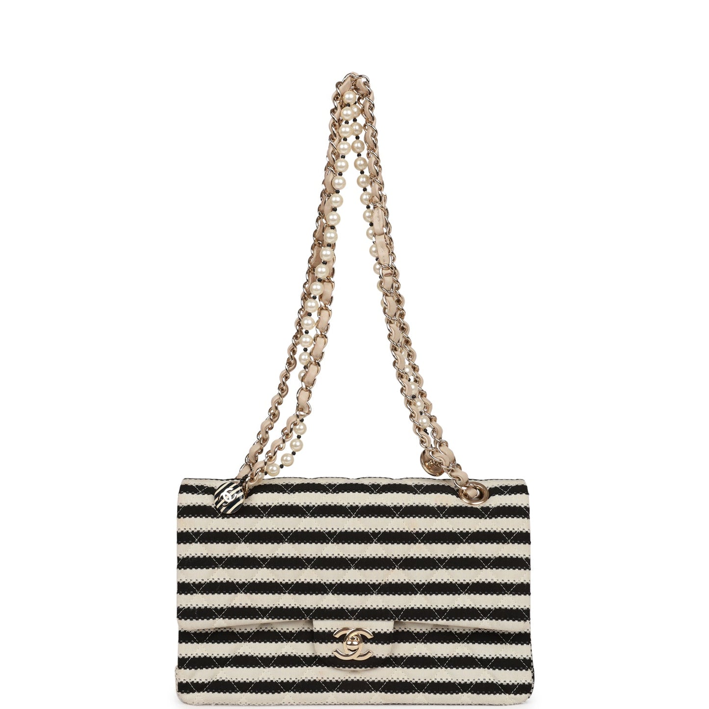 Chanel Medium Classic Double Flap Bag Black and Beige Striped Silk Light Gold Hardware