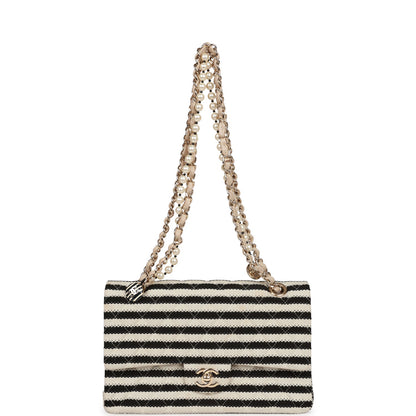 Chanel Medium Classic Double Flap Bag Black and Beige Striped Silk Light Gold Hardware