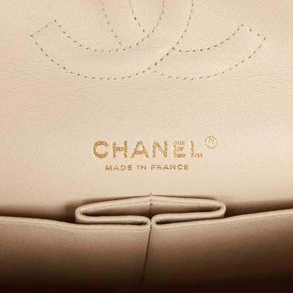 Chanel Medium Classic Double Flap Bag Black and Beige Striped Silk Light Gold Hardware