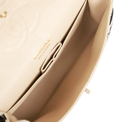 Chanel Medium Classic Double Flap Bag Black and Beige Striped Silk Light Gold Hardware