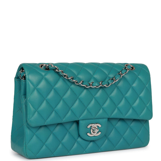 Chanel Medium Classic Double Flap Bag Blue Lambskin Silver Hardware