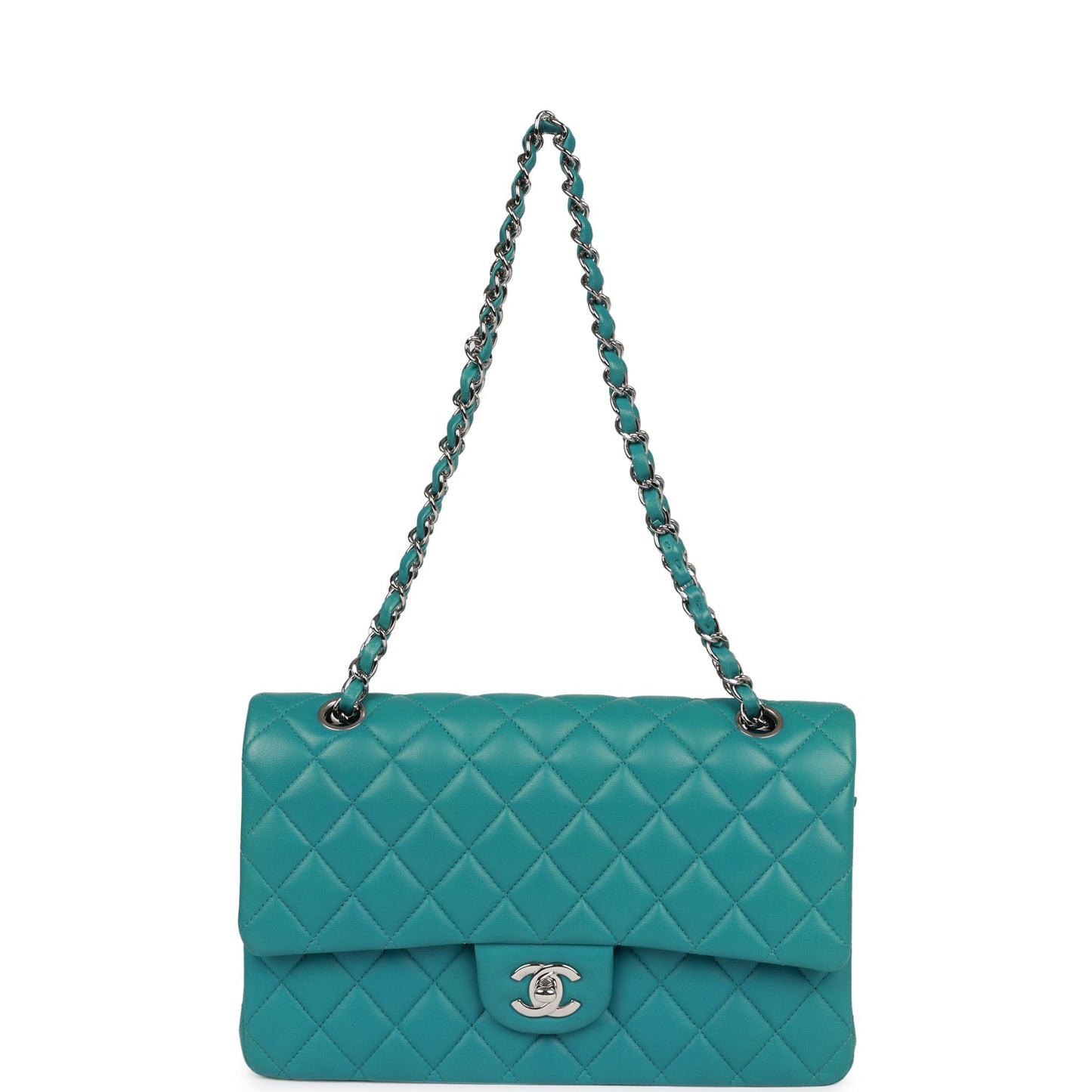 Chanel Medium Classic Double Flap Bag Blue Lambskin Silver Hardware