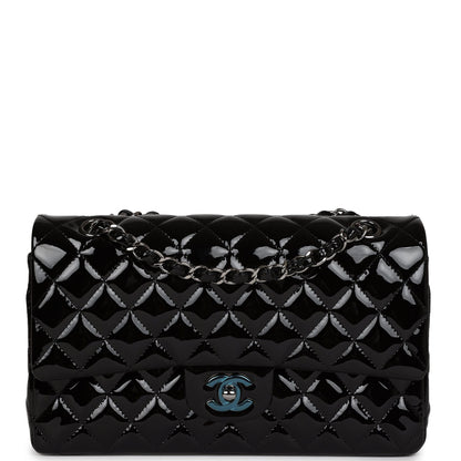 Chanel Medium Classic Double Flap Bag Black Patent Leather Silver Hardware