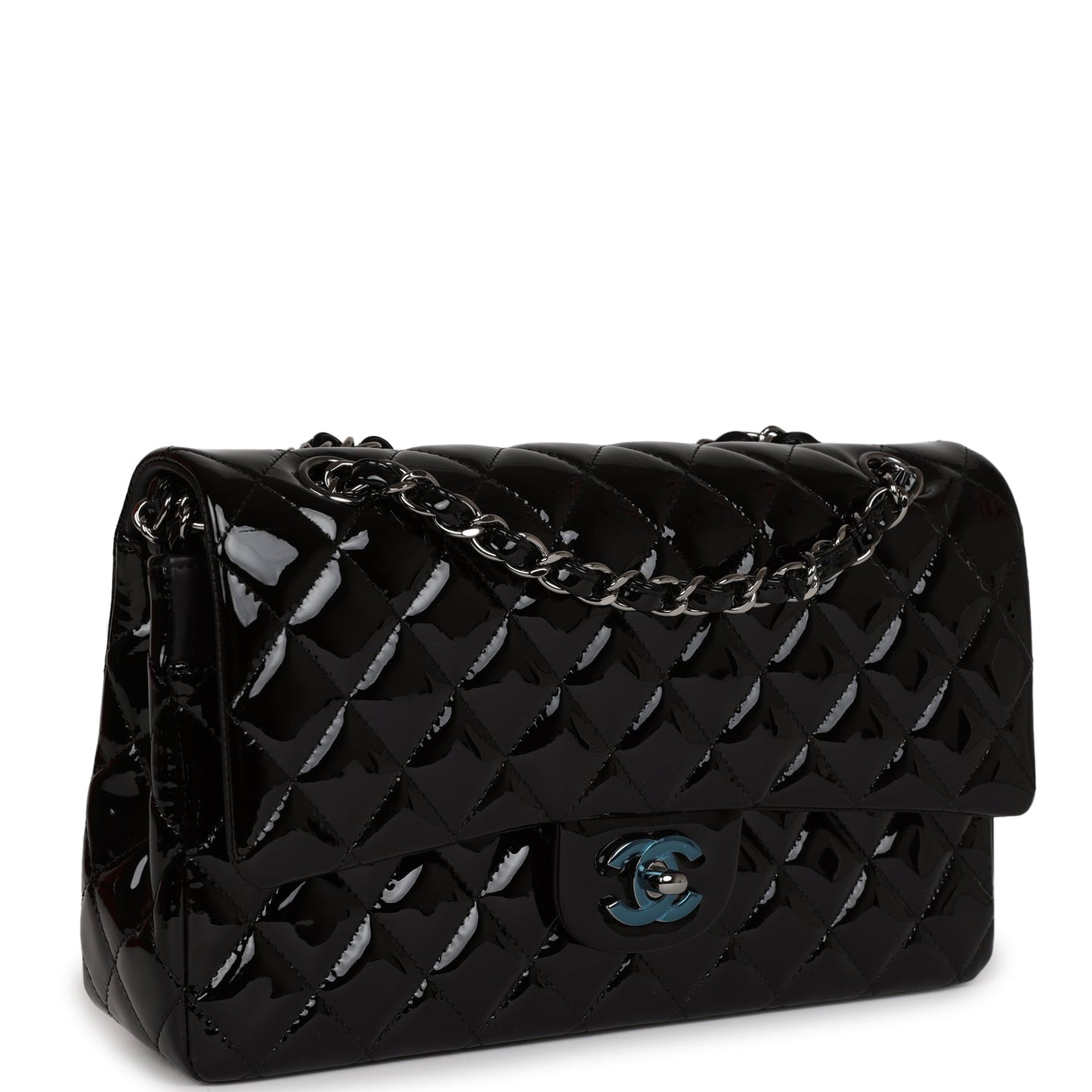Chanel Medium Classic Double Flap Bag Black Patent Leather Silver Hardware