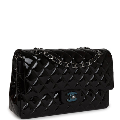 Chanel Medium Classic Double Flap Bag Black Patent Leather Silver Hardware