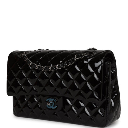 Chanel Medium Classic Double Flap Bag Black Patent Leather Silver Hardware