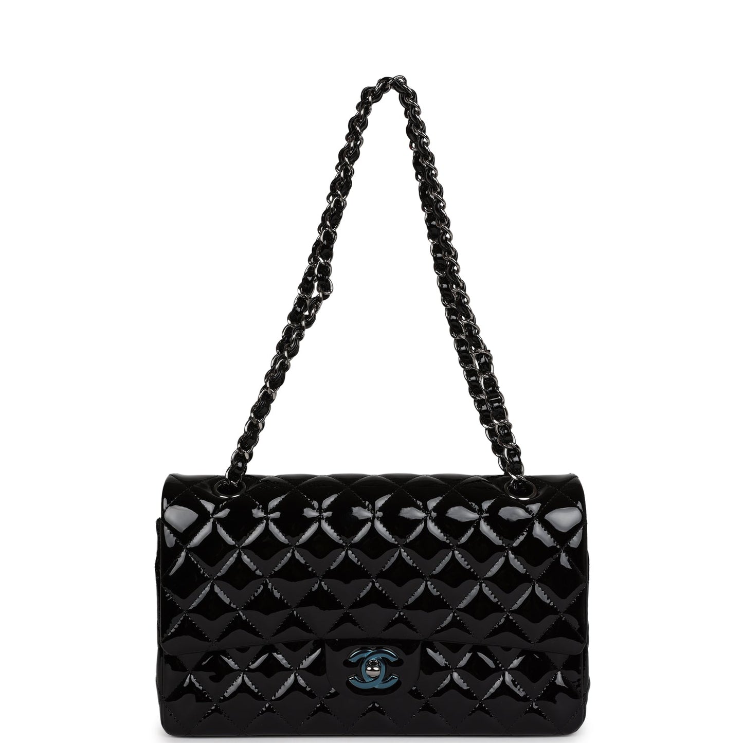 Chanel Medium Classic Double Flap Bag Black Patent Leather Silver Hardware