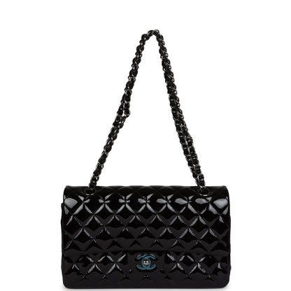 Chanel Medium Classic Double Flap Bag Black Patent Leather Silver Hardware