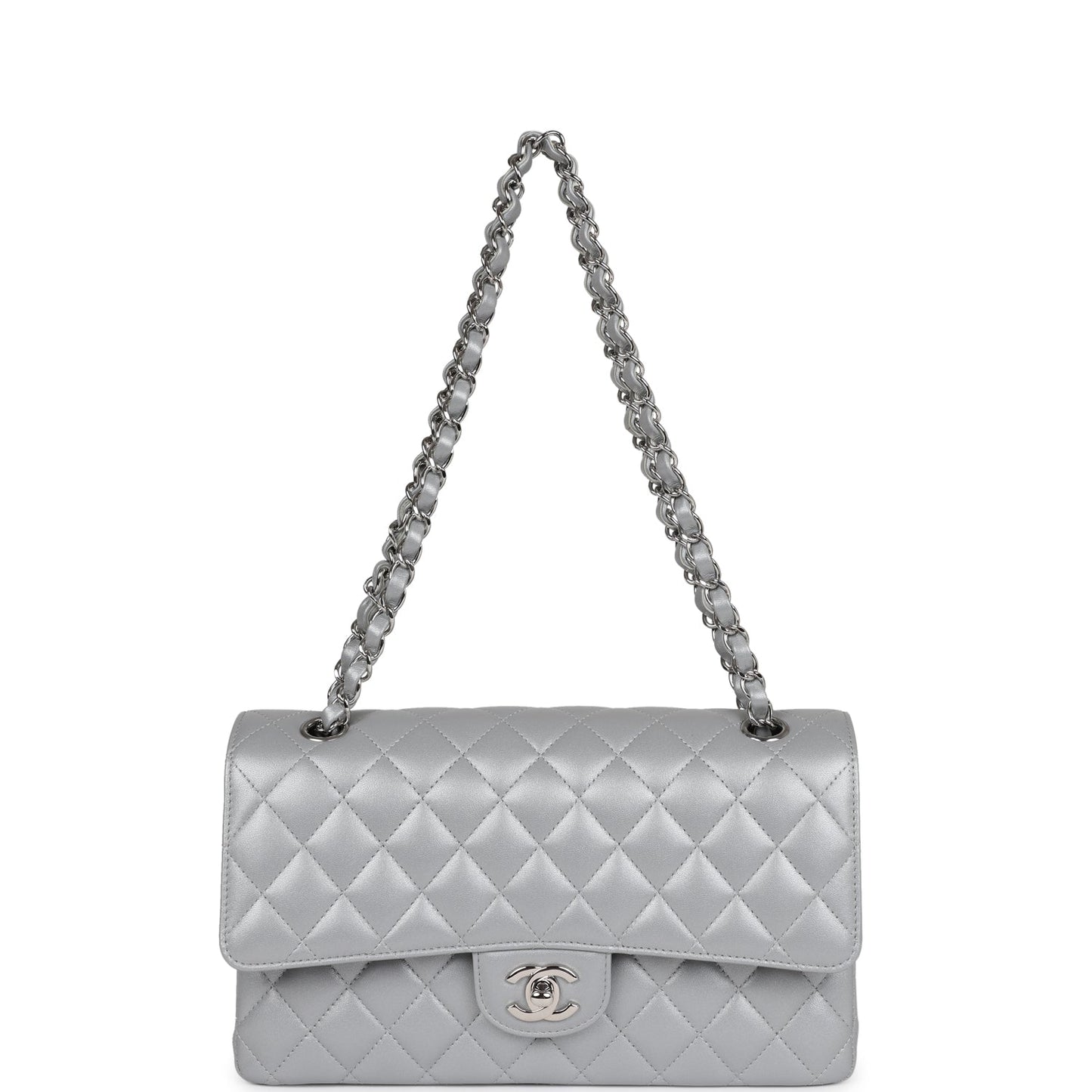 Chanel Medium Classic Double Flap Silver Metallic Lambskin Silver Hardware