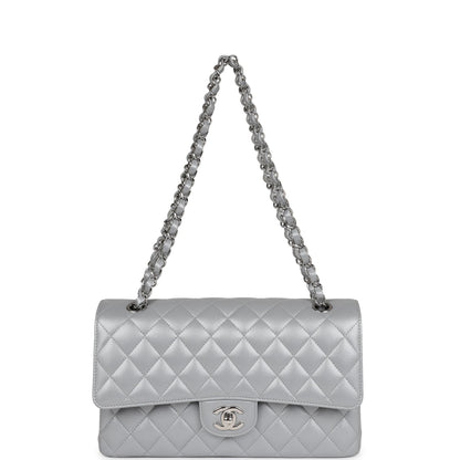 Chanel Medium Classic Double Flap Silver Metallic Lambskin Silver Hardware