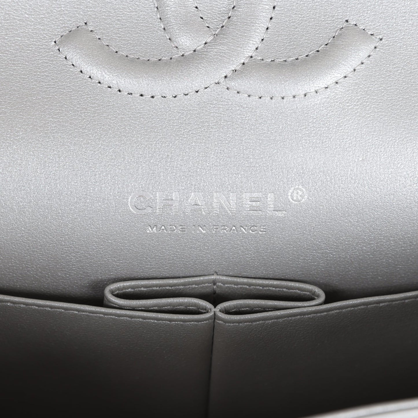 Chanel Medium Classic Double Flap Silver Metallic Lambskin Silver Hardware